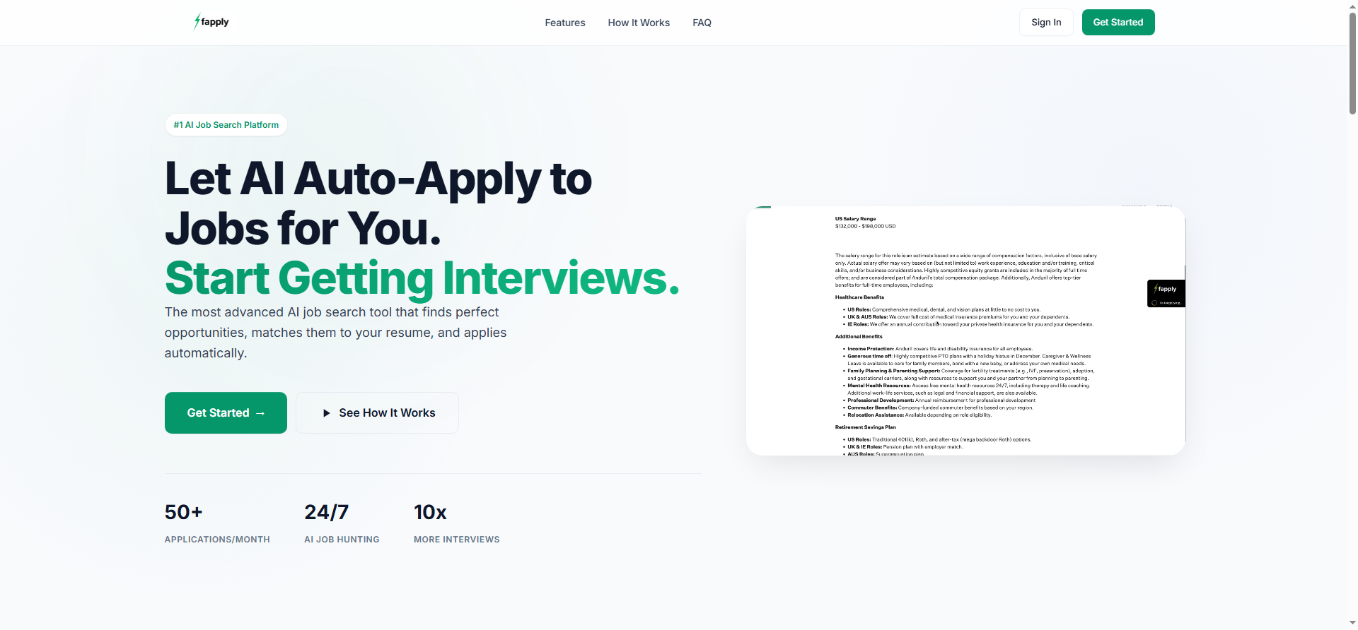 Fapply landing page showing its AI job application platform